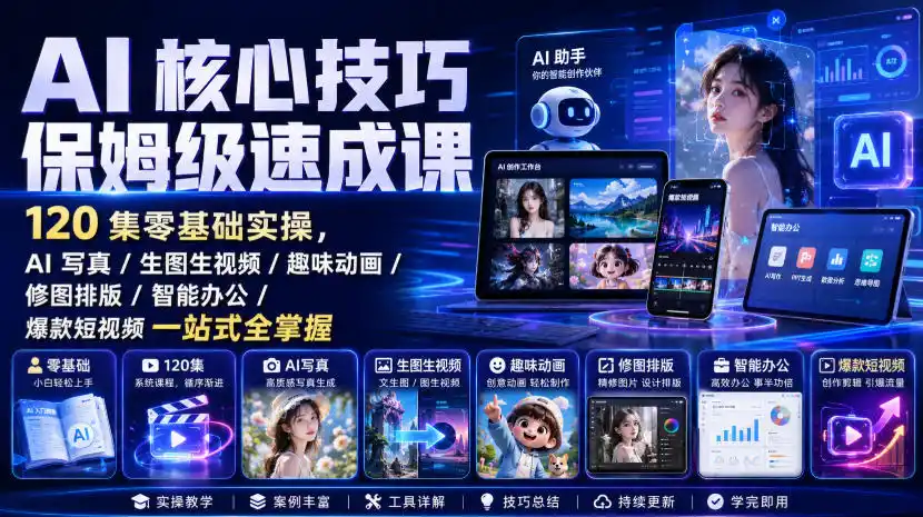 AI核心技巧保姆级速成课|120集零基础实操,AI写真/生图生视频/趣味动画/修图排版/智能办公/爆款短视频一站式全掌握-云途创业网