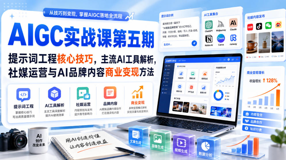刺猬星球·AIGC实战课第五期，提示词工程核心技巧，主流AI工具解析，社媒运营与AI品牌内容商业变现方法-云途创业网