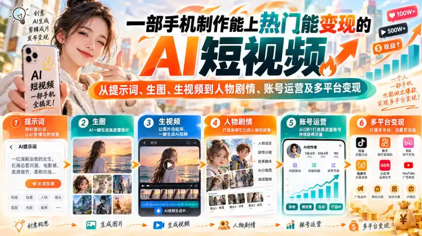 【无水印】一部手机制作能上热门能变现的AI短视频，从提示词、生图、生视频到人物剧情、账号运营及多平台变现-云途创业网
