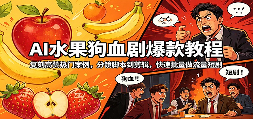 AI水果狗血剧爆款教程:复刻高赞热门案例,分镜脚本到剪辑,快速批量做流量短剧-云途创业网
