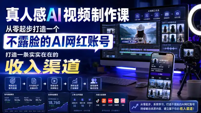 真人感AI视频制作课，从零起步打造一个不露脸的AI网红账号，打造一条实实在在的收入渠道【原创双语字幕】-云途创业网