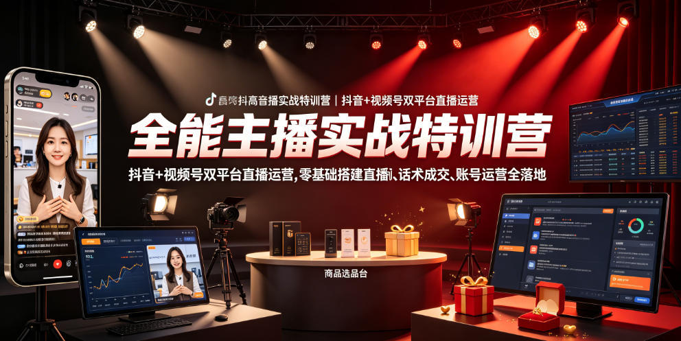 全能主播实战特训营|抖音+视频号双平台直播运营,零基础搭建直播间、精准选品、话术成交、账号运营全落地-云途创业网