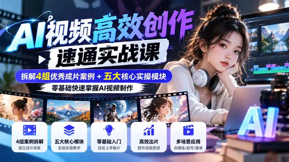 【无水印】AI视频高效创作速通实战课：拆解4组优秀成片案例+五大核心实操模块，零基础快速掌握AI视频制作-云途创业网