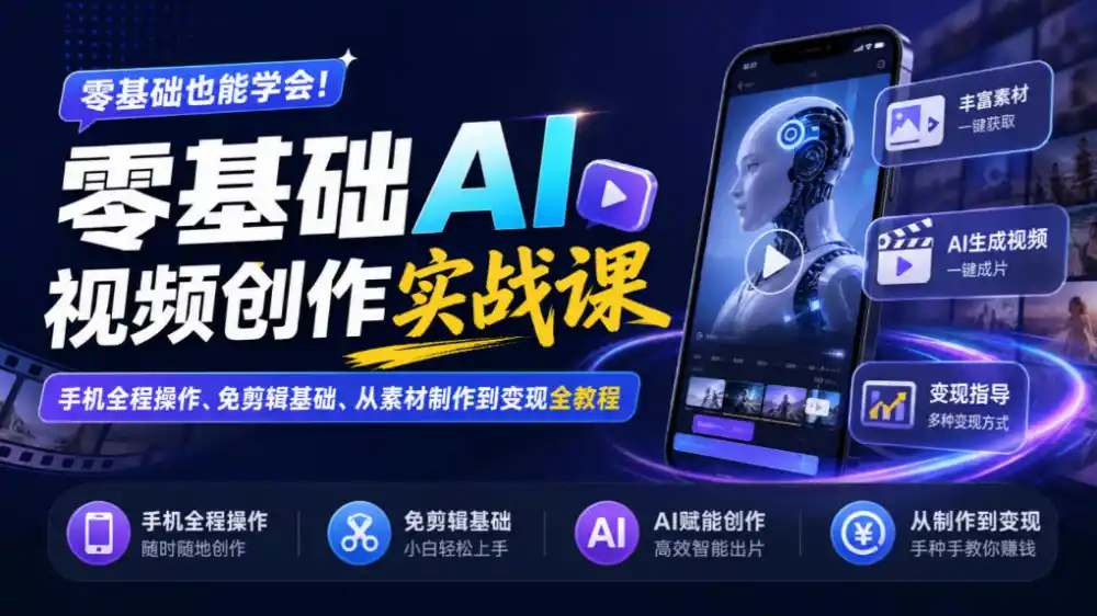 零基础AI视频创作实战课｜手机全程操作、免剪辑基础、从素材制作到变现全教程-云途创业网