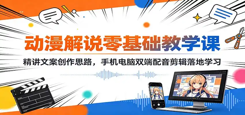 动漫解说零基础教学课：精讲文案创作思路，手机电脑双端配音剪辑落地学习-云途创业网