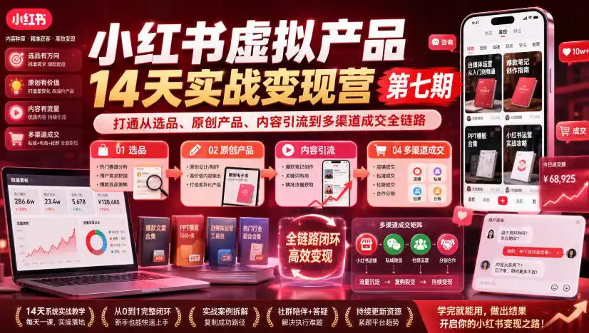 小红书虚拟产品14天实战变现营第七期，打通从选品、原创产品、内容引流到多渠道成交全链路-云途创业网