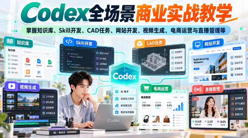 【无水印】Codex全场景商业实战教学，掌握知识库、Skill开发、CAD任务、网站开发、视频生成、电商运营与直播管理等-云途创业网