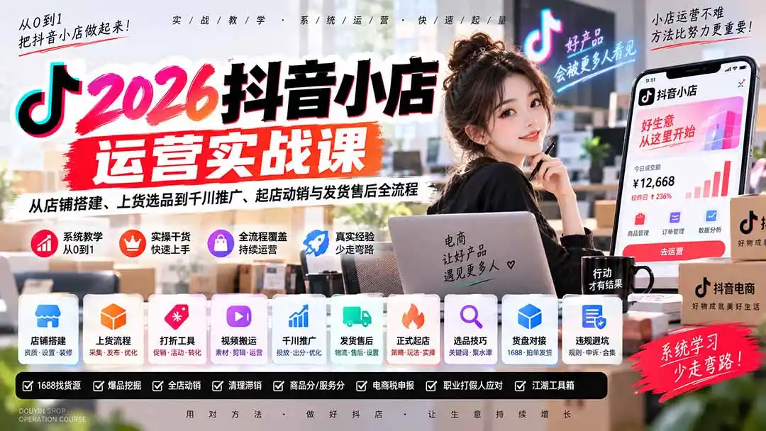 2026抖音小店运营实战课｜从店铺搭建、上货选品到千川推广、起店动销与发货售后全流程-云途创业网
