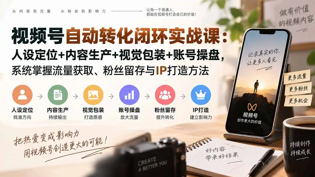 视频号自动转化闭环实战课：人设定位+内容生产+视觉包装+账号操盘，系统掌握流量获取、粉丝留存与IP打造方法-云途创业网