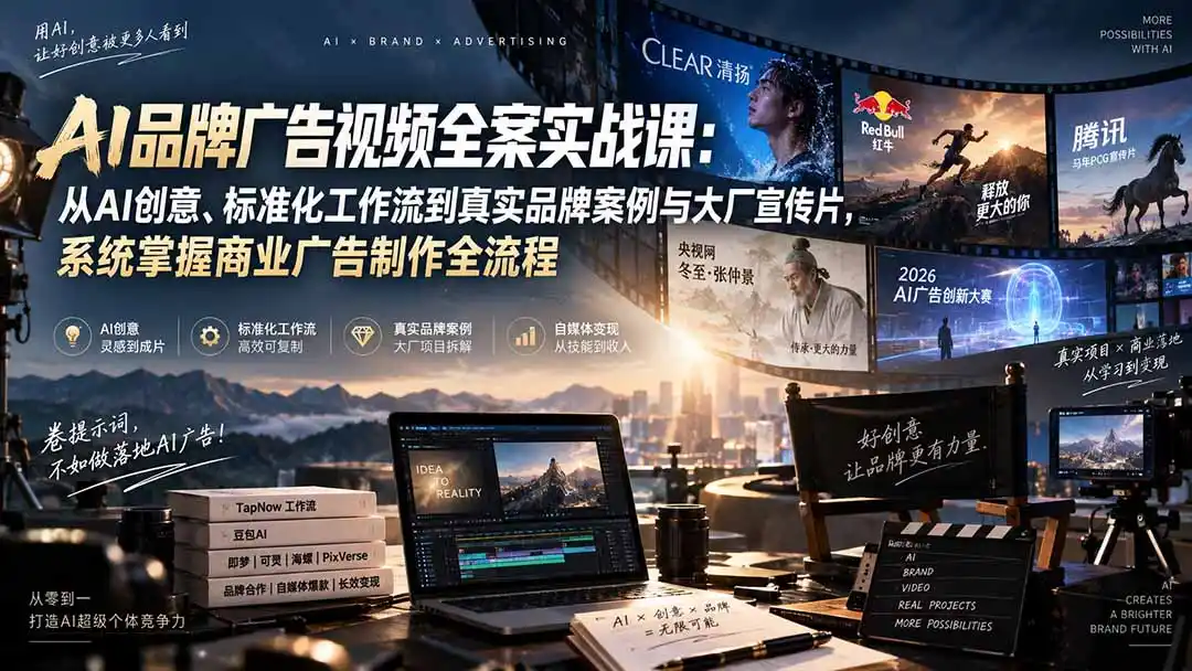 AI品牌广告视频全案实战课：从AI创意、标准化工作流到真实品牌案例与大厂宣传片，系统掌握商业广告制作全流程-云途创业网