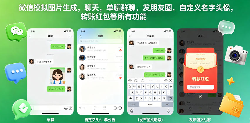 微信模拟图片生成，聊天，单聊群聊，发朋友圈，自定义名字头像，转账红包等所有功能都可以生成-云途创业网