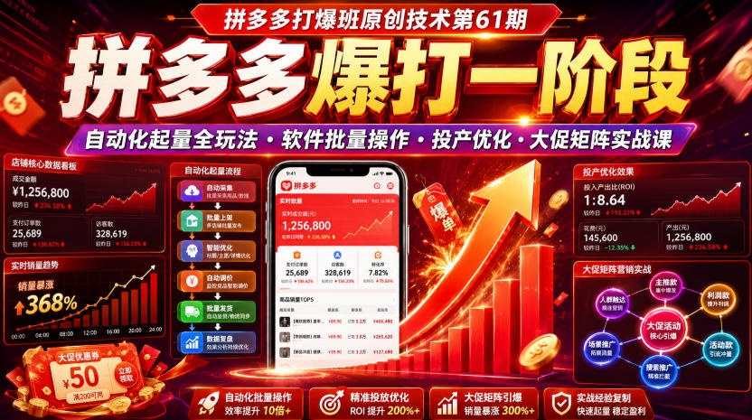 拼多多打爆班原创技术第61期，拼多多爆打一阶段，自动化起量全玩法・软件批量操作・投产优化・大促矩阵实战课-云途创业网