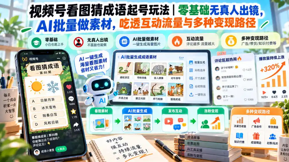 视频号看图猜成语起号玩法｜零基础无真人出镜，AI批量做素材，吃透互动流量与多种变现路径-云途创业网