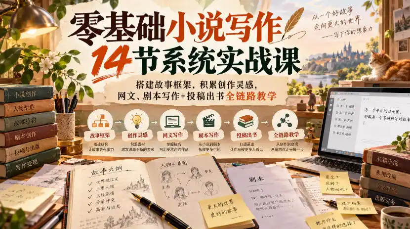 零基础小说写作14节系统实战课，搭建故事框架，积累创作灵感，网文、剧本写作+投稿出书全链路教学-云途创业网