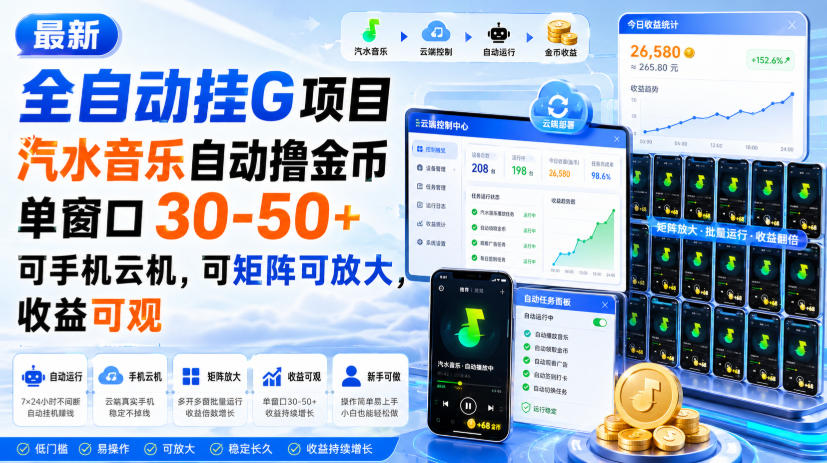 最新全自动挂G项目，汽水音乐自动撸金币单窗口30-50+，可手机云机，可矩阵可放大，收益可观-云途创业网