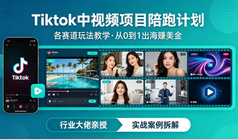 某大佬的Tiktok中视频项目陪跑，涵盖TK各个赛道玩法教学，从0到1出海賺美金-云途创业网