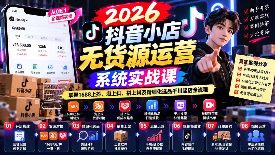 【无水印】2026抖音小店无货源运营系统实战课：掌握1688上抖、淘上抖、拼上抖及精细化选品千川起店全流程-云途创业网