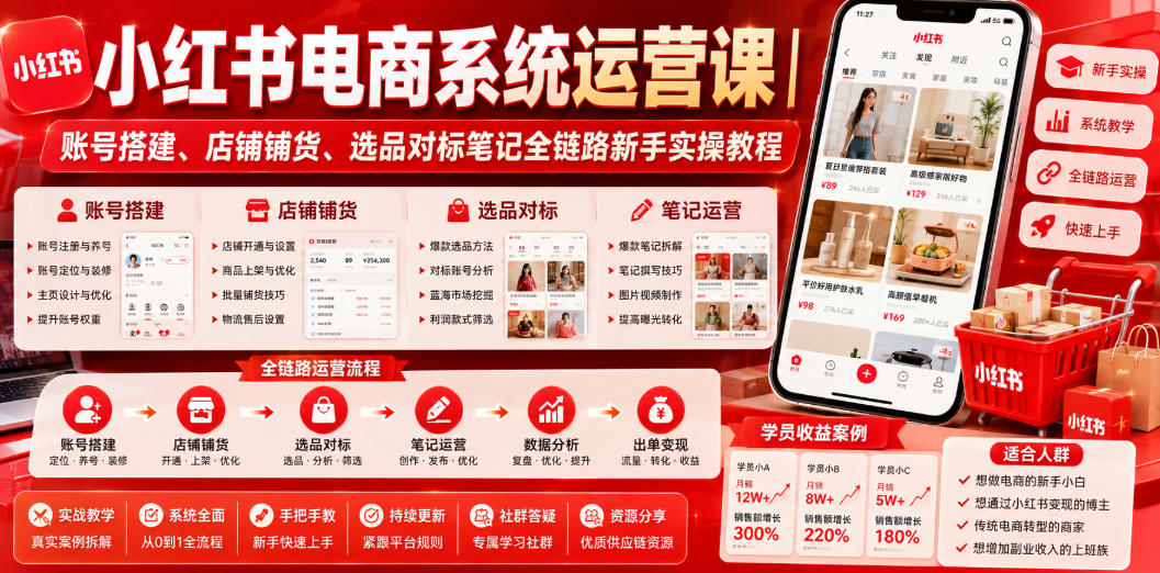 小红书电商系统运营课|账号搭建、店铺铺货、选品对标笔记全链路新手实操教程-云途创业网
