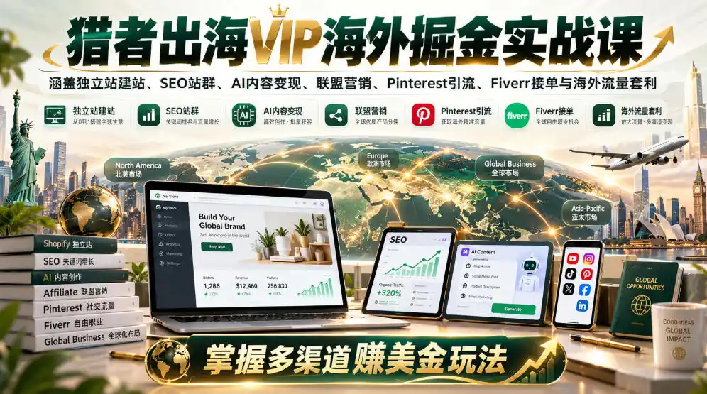 猎者出海VIP海外掘金实战课：涵盖独立站、SEO站群、AI变现、联盟营销、Pinterest引流、Fiverr接单与海外流量套利，掌握多渠道賺美金玩法-云途创业网