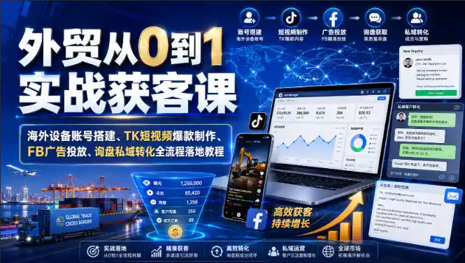 外贸从0到1实战获客课｜海外设备账号搭建、TK短视频爆款制作、FB广告投放、询盘私域转化全流程落地教程-云途创业网