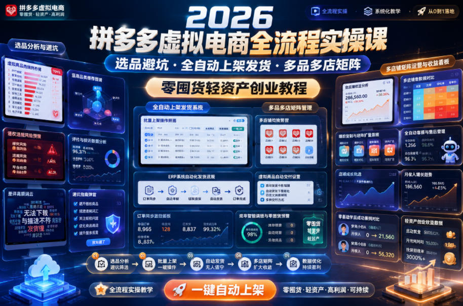 2026拼多多虚拟电商全流程实操课，选品避坑・全自动上架发货・多品多店矩阵，零囤货轻资产创业教程-云途创业网