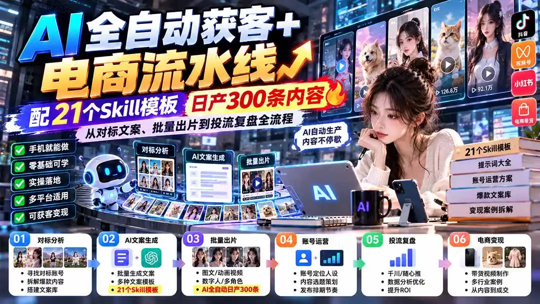 【无水印】AI全自动获客+电商流水线：配21个Skill模板，日产300条内容，从对标文案、批量出片到投流复盘全流程-云途创业网