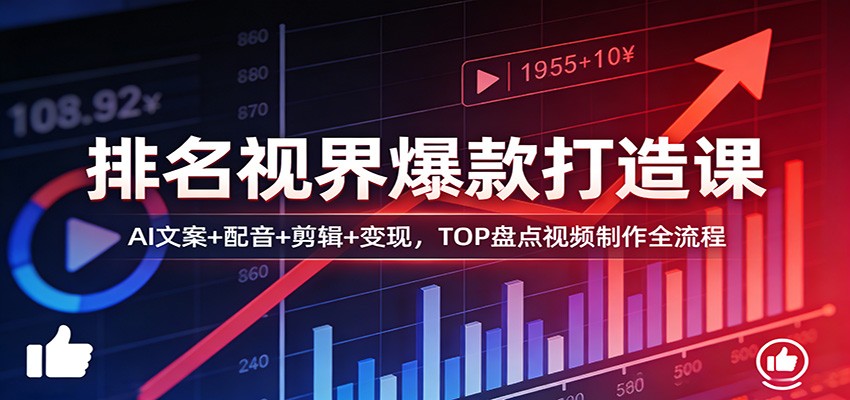 排名视界爆款打造课:AI文案+配音+剪辑+变现,TOP盘点视频制作全流程-云途创业网