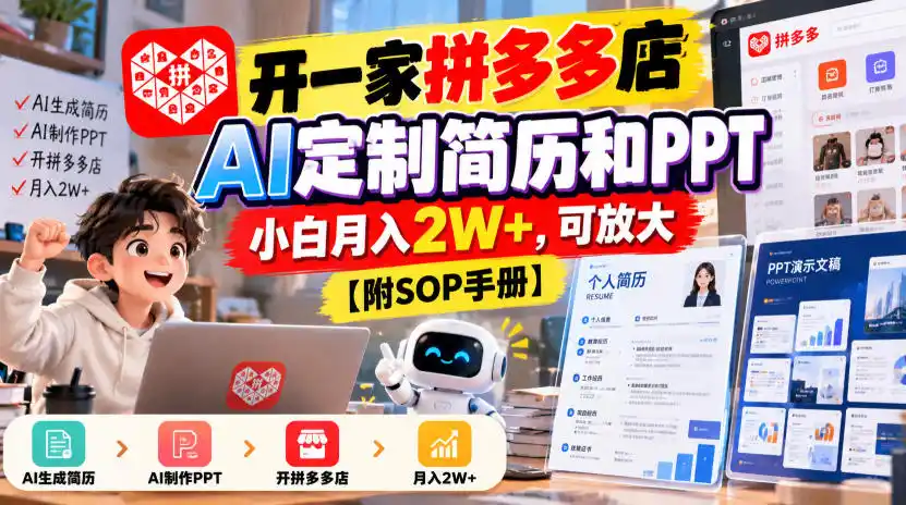 开一家拼多多店，AI定制简历和PPT，小白月入2W+，可放大【附SOP手册】【揭秘】-云途创业网