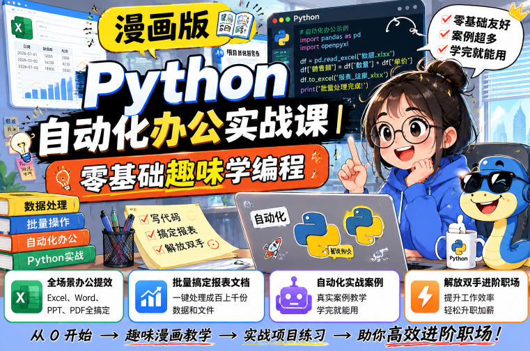 漫画版Python自动化办公实战课｜零基础趣味学编程，全场景办公提效、批量搞定报表文档、解放双手进阶职场-云途创业网