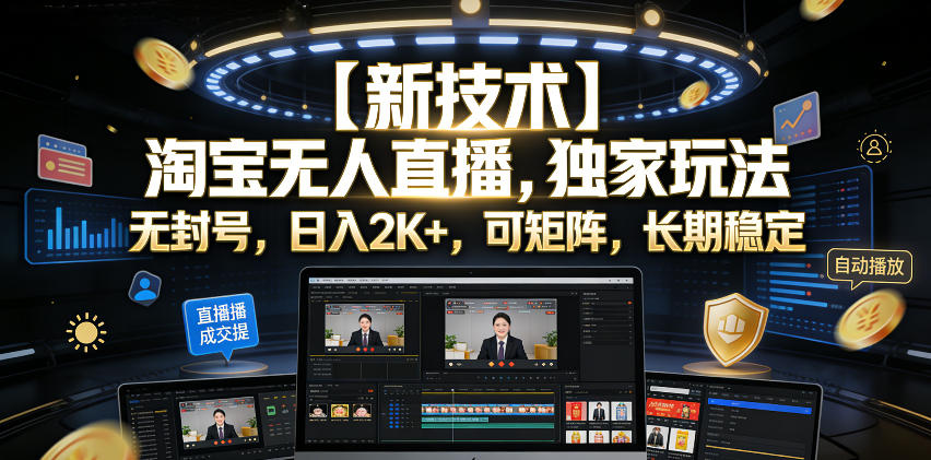 【新技术】淘宝无人直播，独家玩法，无封号，日入2K+，可矩阵，长期稳定【揭秘】-云途创业网