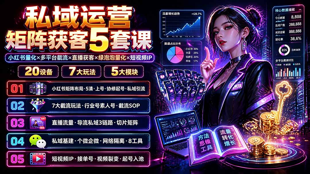 私域运营矩阵获客5套课：小红书量化×多平台截流×直播获客×绿泡泡量化×短视频IP×20设备×7大玩法-云途创业网