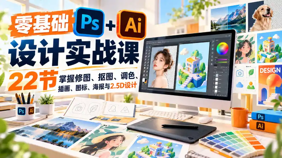 【无水印】零基础PS+AI设计实战课｜22节掌握修图、抠图、调色、插画、图标、海报与2.5D设计-云途创业网
