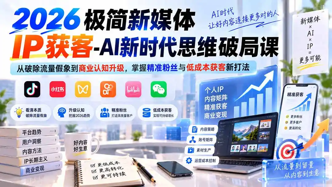 2026极简新媒体IP获客-AI新时代思维破局课：从破除流量假象到商业认知升级，掌握精准粉丝与低成本获客新打法-云途创业网