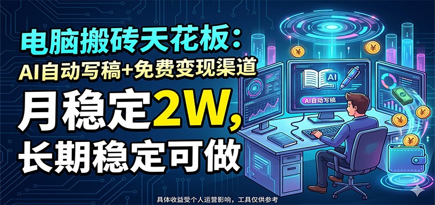电脑搬砖天花板：AI自动写稿+免费变现渠道，月稳定2W，长期稳定可做-云途创业网
