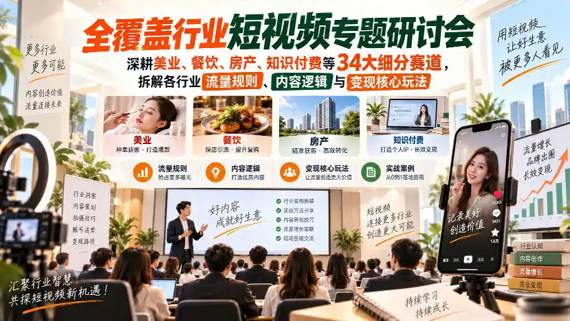 短视频专题研讨会，深耕美业、餐饮、房产、知识付费等34大细分赛道，拆解各行业流量规则、内容逻辑与变现核心玩法-云途创业网