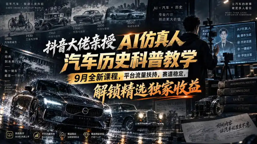 抖音大佬亲授AI仿真人汽车历史科普教学，9月全新课程，平台流量扶持，赛道稳定，解锁精选独家收益-云途创业网