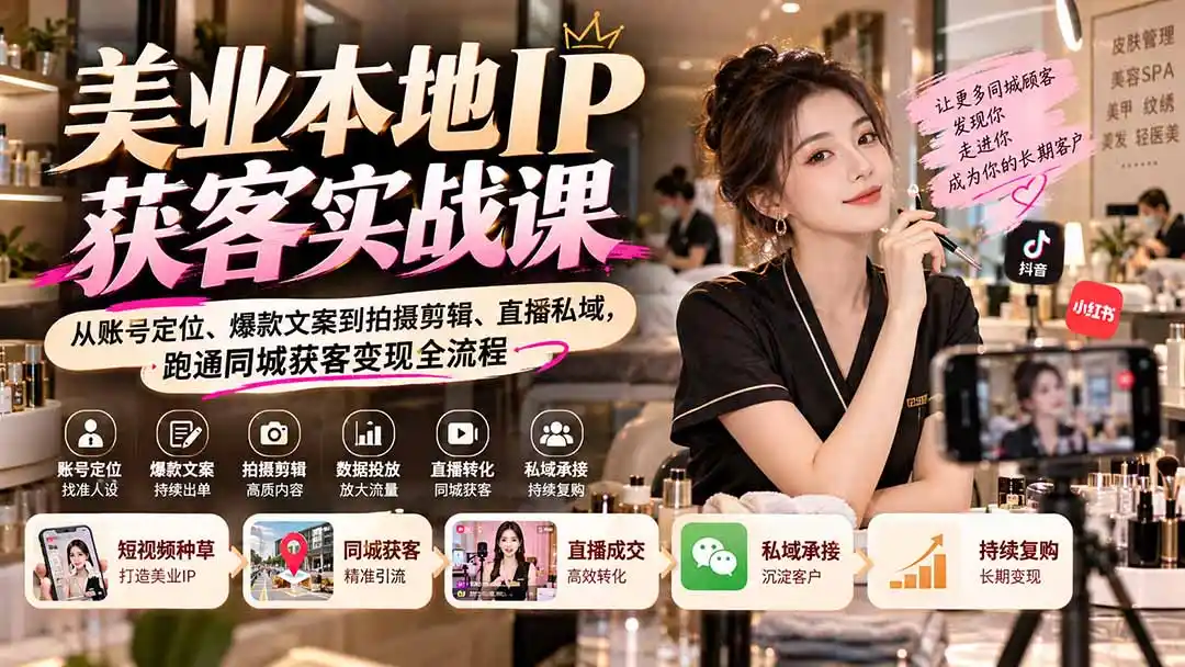 【无水印】美业本地IP获客实战课：从账号定位、爆款文案到拍摄剪辑、直播私域，跑通同城获客变现全流程-云途创业网