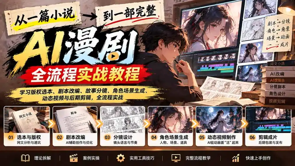 从一篇小说到一部完整AI漫剧：学习版权选本、剧本改编、故事分镜、角色场景生成、动态视频与后期剪辑-云途创业网