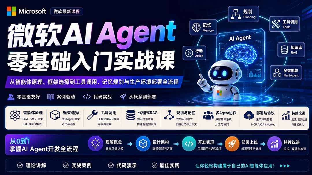 微软AI Agent零基础入门实战课：从智能体原理、框架选择到工具调用、记忆规划与生产环境部署全流程-云途创业网
