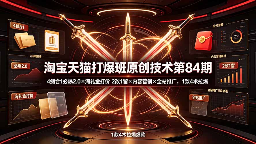 淘宝天猫打爆班原创技术第84期：4剑合1必爆2.0×淘礼金打价×2改1留×内容营销×全站推广，1款4术拉爆-云途创业网