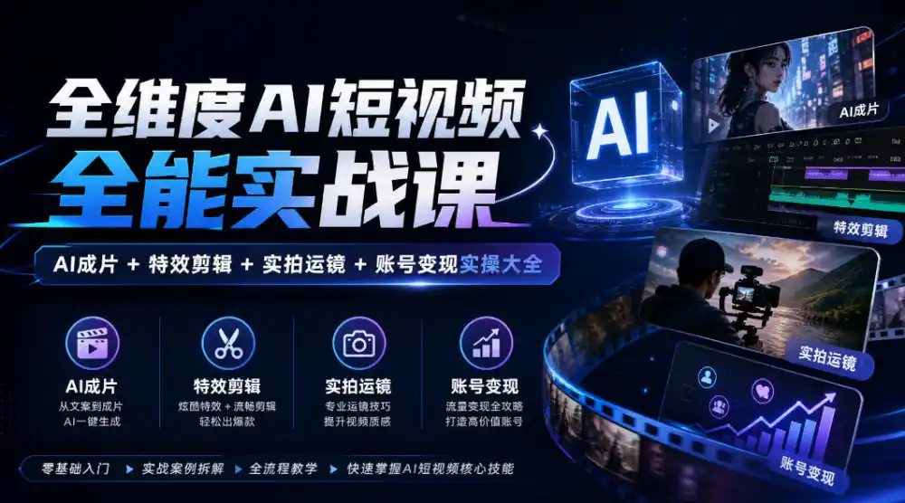 全维度AI短视频全能实战课，AI成片+特效剪辑+实拍运镜+账号变现实操大全-云途创业网