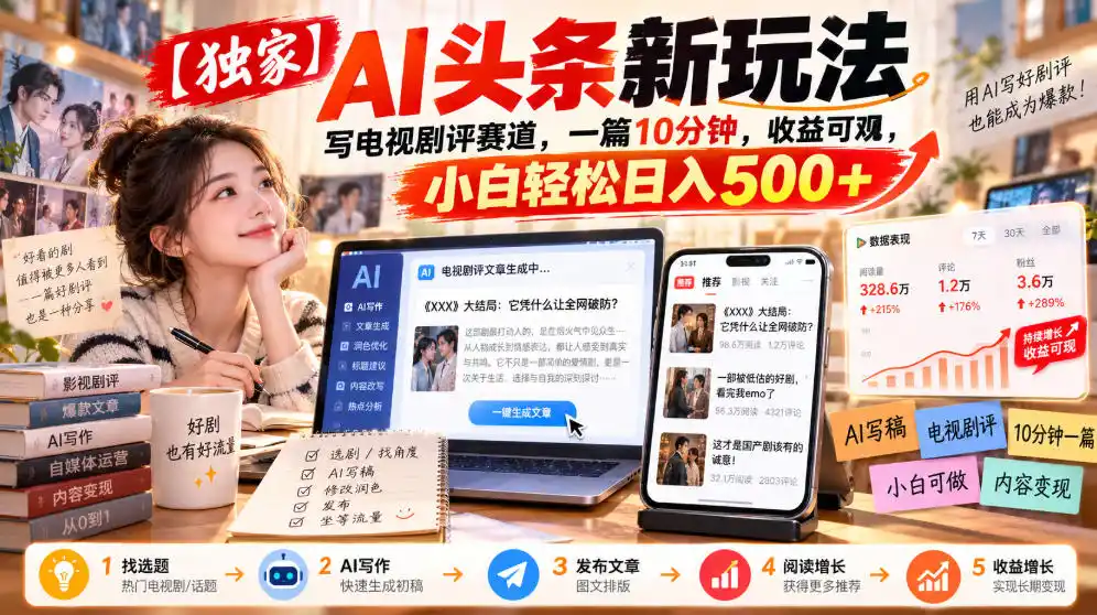 【独家】AI头条新玩法，写电视剧评赛道，一篇10分钟，收益可观，小白轻松日入500+-云途创业网