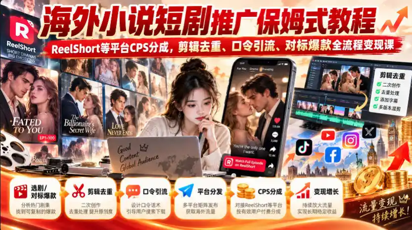 海外小说短剧推广保姆式教程｜ReelShort等平台CPS分成，剪辑去重、口令引流、对标爆款全流程变现课-云途创业网