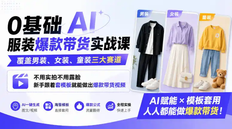 0基础AI服装爆款带货实战课｜覆盖男装、女装、童装三大赛道，不用实拍不用露脸，新手跟着套模板就能做出爆款带货视频(更新1010)-云途创业网