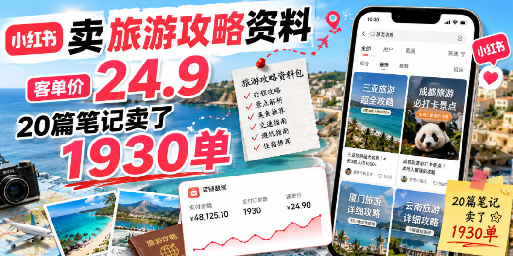 小红书卖旅游攻略资料,客单价24.9,20篇笔记卖了1930单!-云途创业网