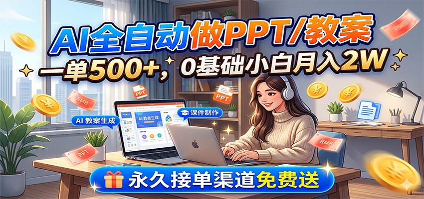 AI全自动做PPT/教案，一单500+，0基础小白月入2W，永久接单渠道免费送-云途创业网