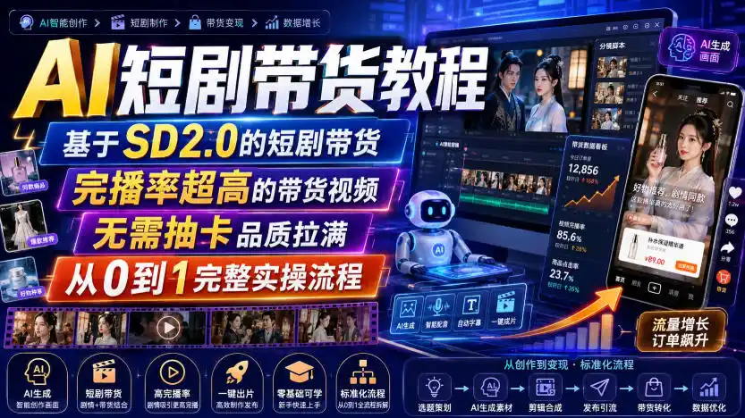 AI短剧带货教程，基于SD2.0的短剧带货，完播率超高的带货视频，无需抽卡品质拉满，从0到1完整实操流程-云途创业网