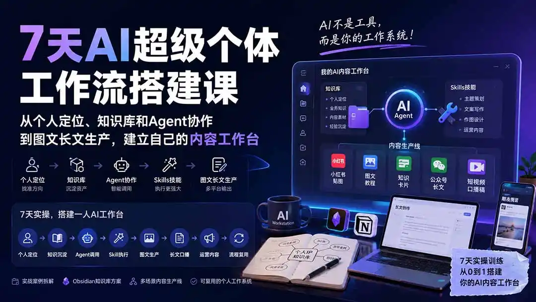 7天AI超级个体工作流搭建课：从个人定位、知识库和Agent协作到图文长文生产，建立自己的内容工作台-云途创业网