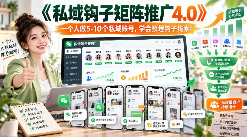 【无水印】《私域钩子矩阵推广4.0》一个人做5-10个私域账号，学会预埋钩子线索！-云途创业网