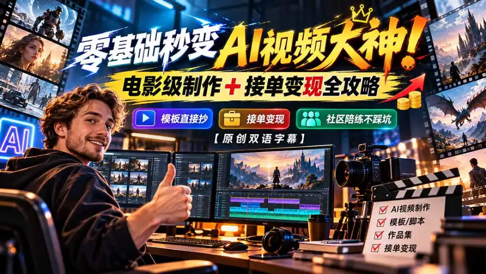 零基础秒变AI视频大神！电影级制作 + 接单变现全攻略，模板直接抄，社区陪练不踩坑【原创双语字幕】-云途创业网